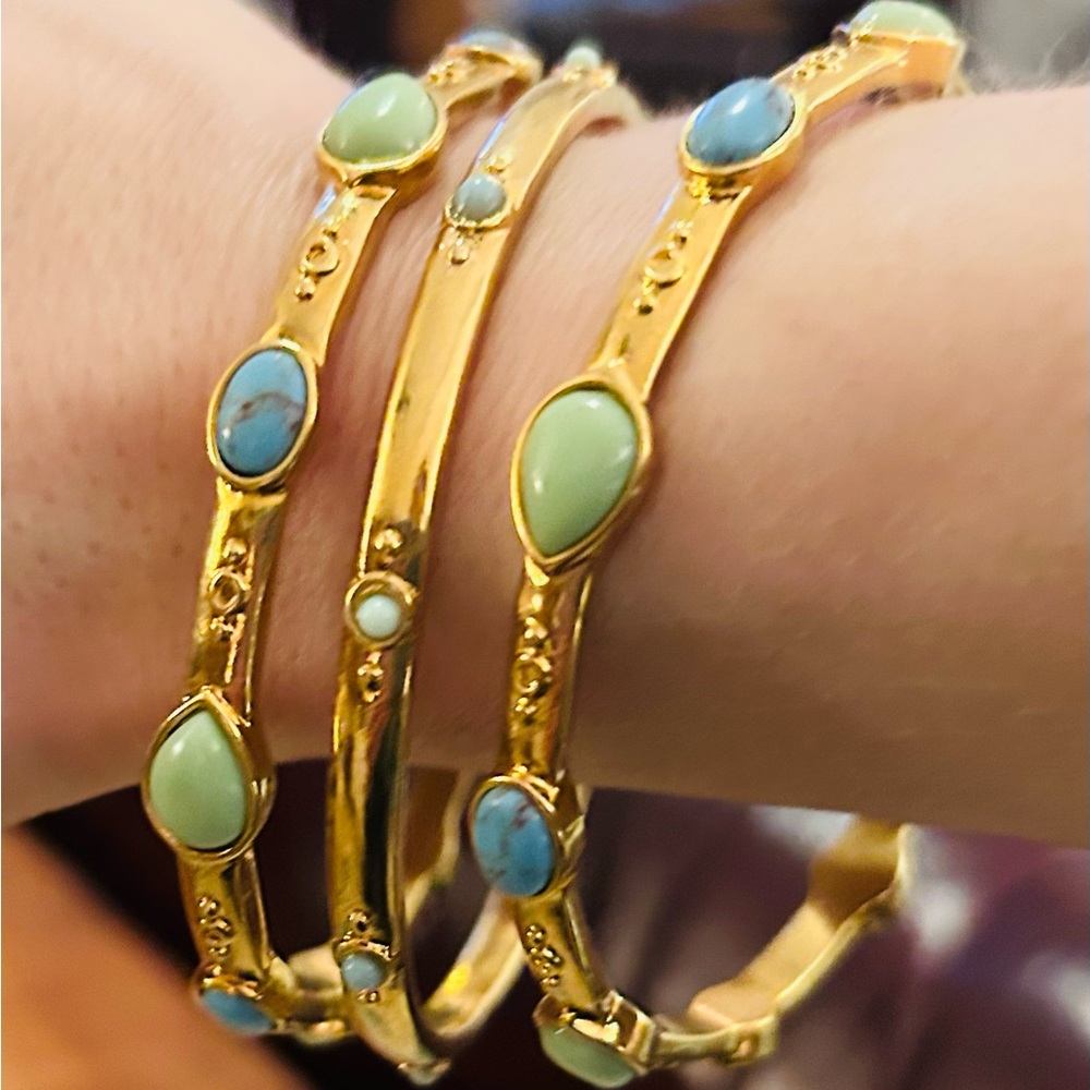 VTG Ralph Lauren Turquoise Green Jasper Gold tone Bangle Set